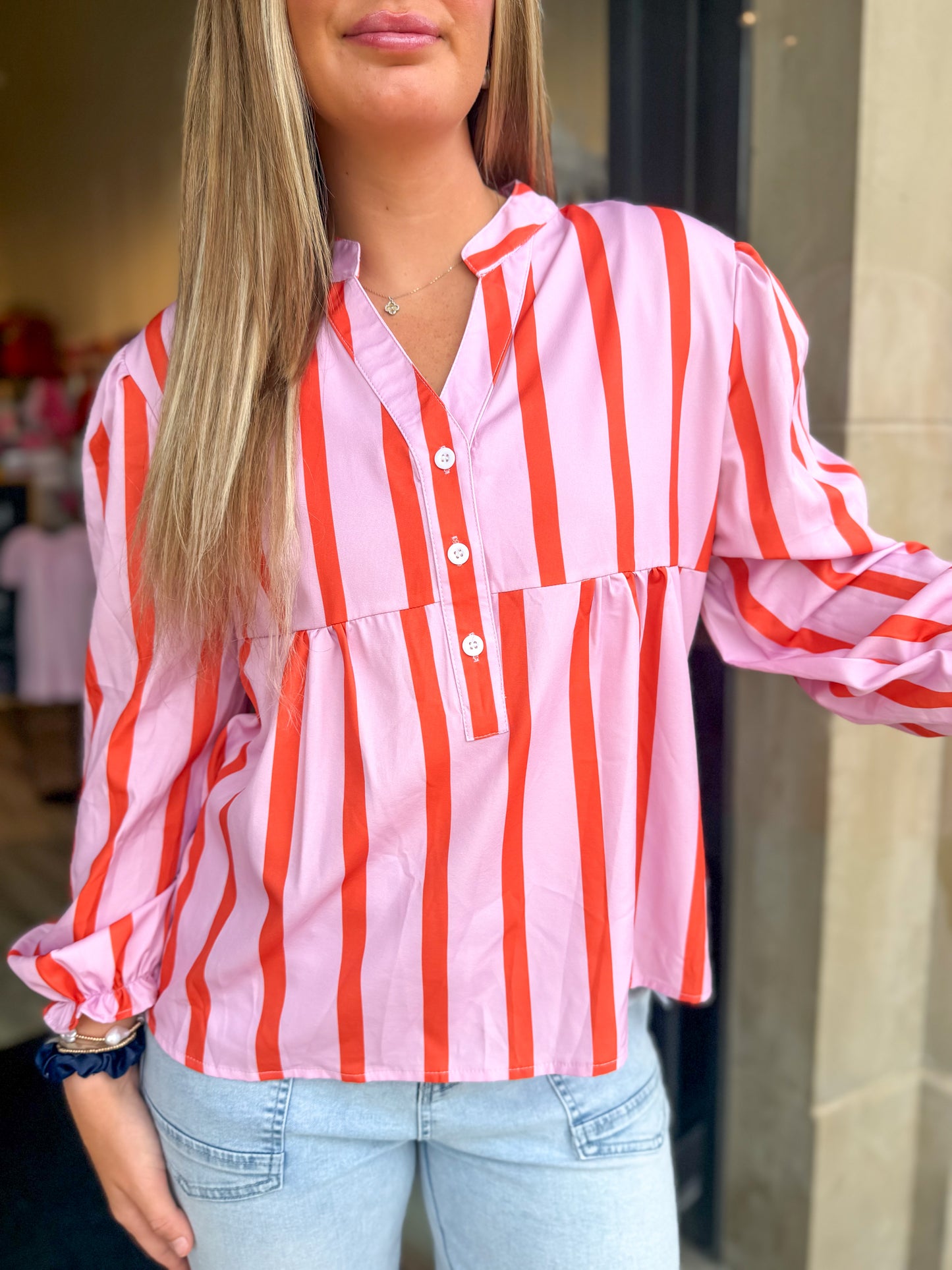 Ladies bubble gum striped shirt