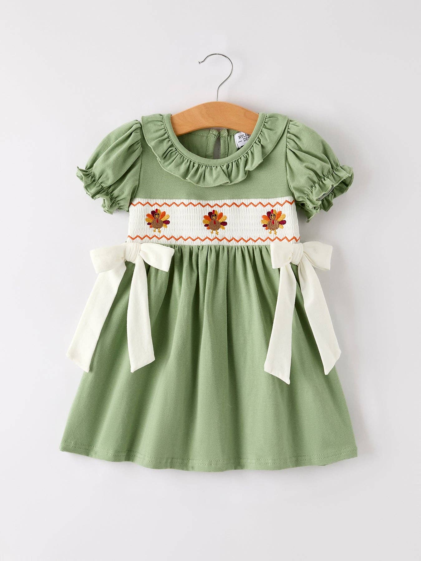 Fall Thanksgiving Chicken Smock Embroidered Green Baby Girl Dress