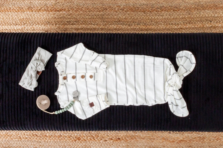 Gender Neutral Knotted Baby Gown- Black And White Stripe