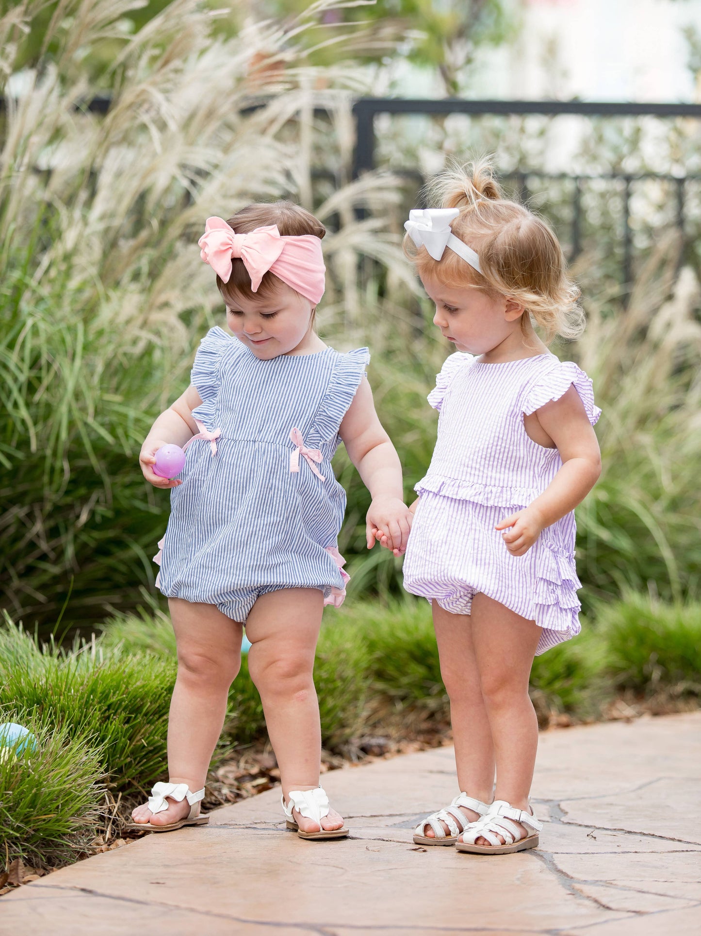 Baby Girls Blue Seersucker Classic Ruffle Bubble Romper