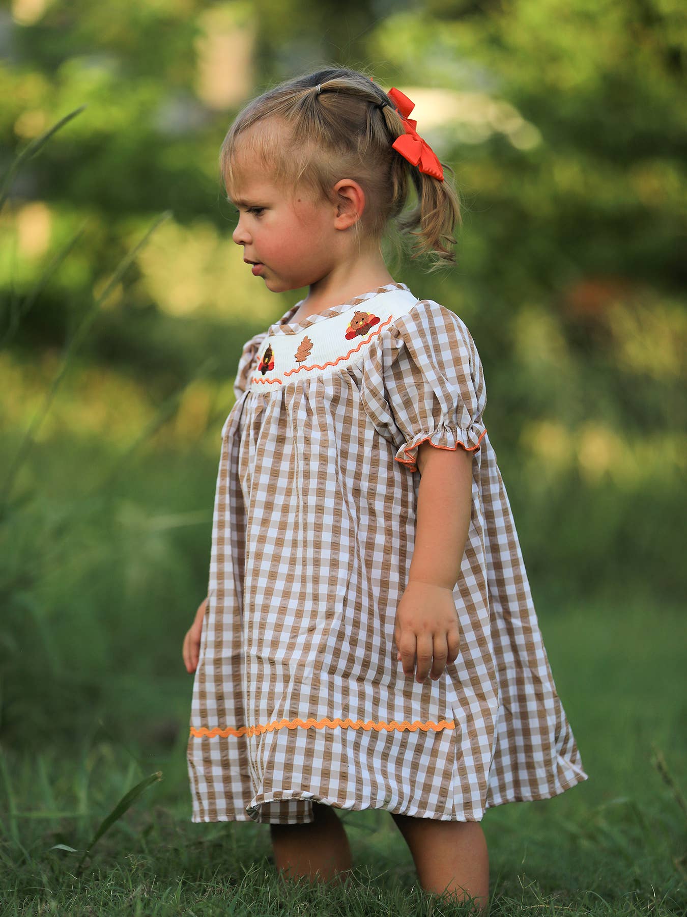 Girls Thanksgiving Smocking Embroidered Brown Plaid Dress