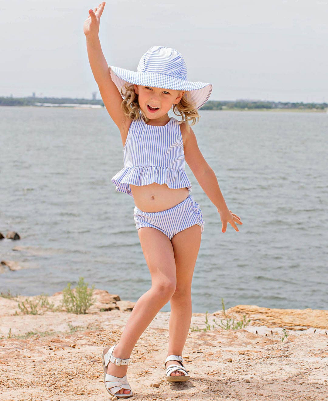 Girls Periwinkle Blue Seersucker Peplum Tankini