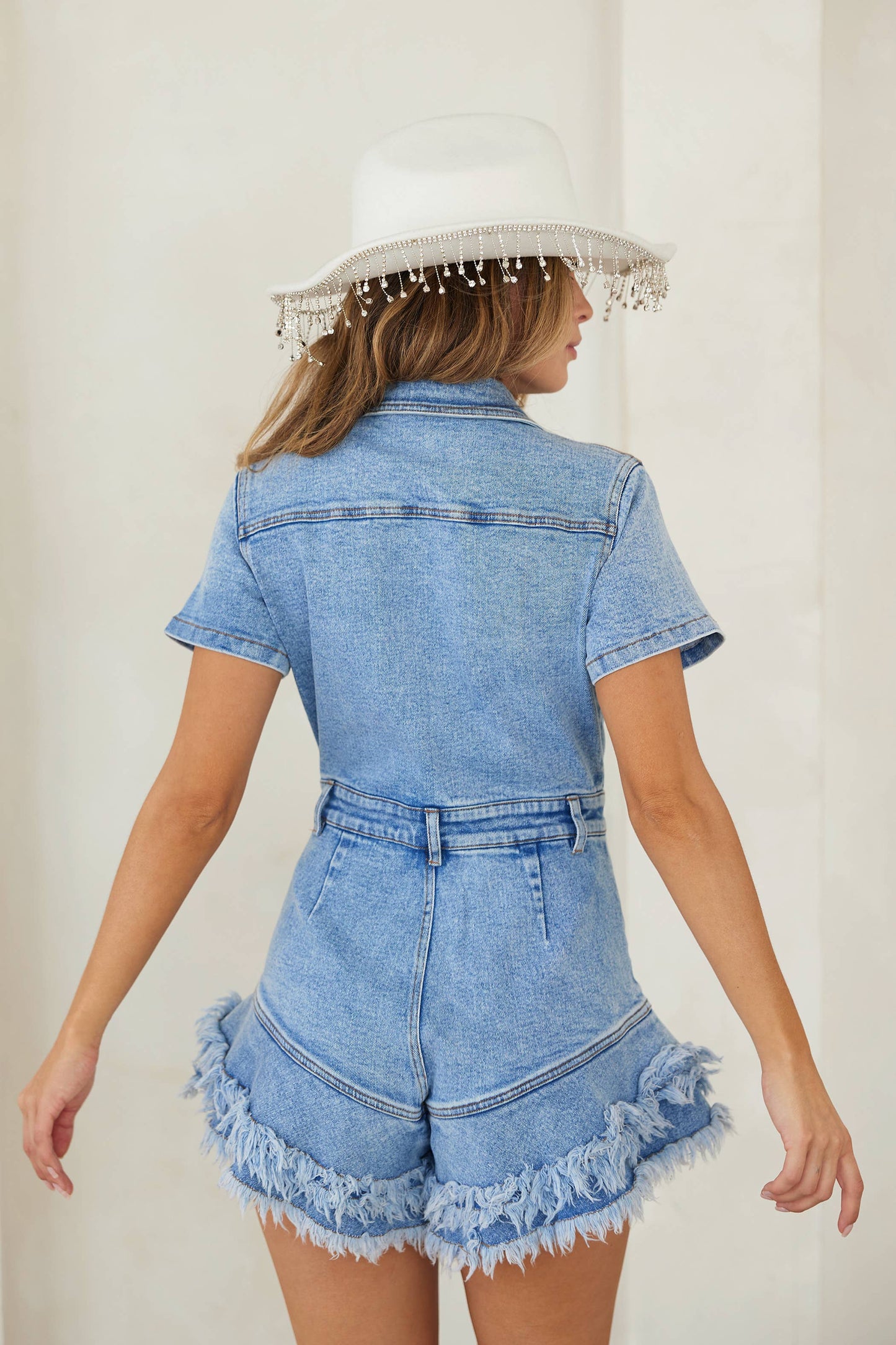 Denim Button Down Frayed Hem Romper