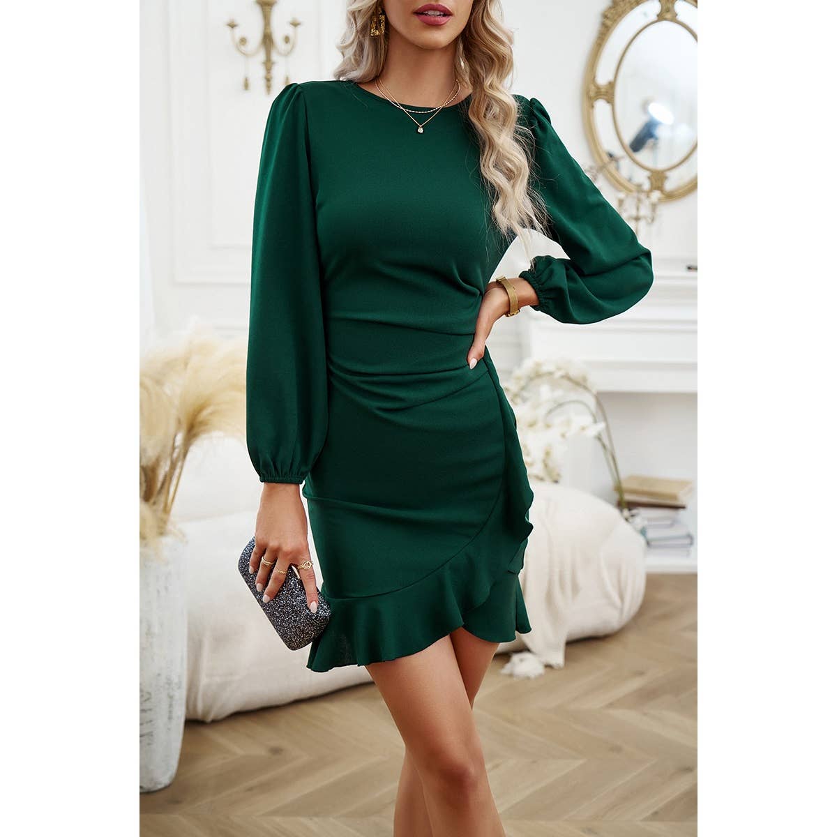 Solid Wrap Ruched Hem Ruffle Fit Puff Sleeve Dress