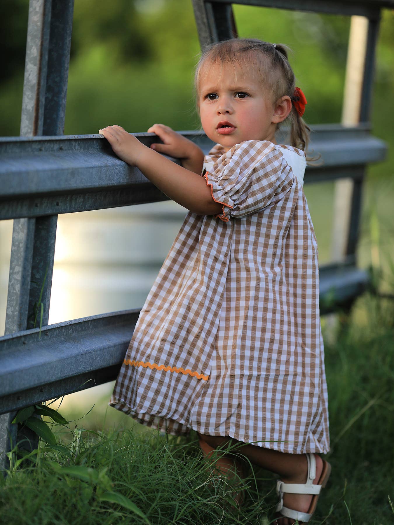Girls Thanksgiving Smocking Embroidered Brown Plaid Dress