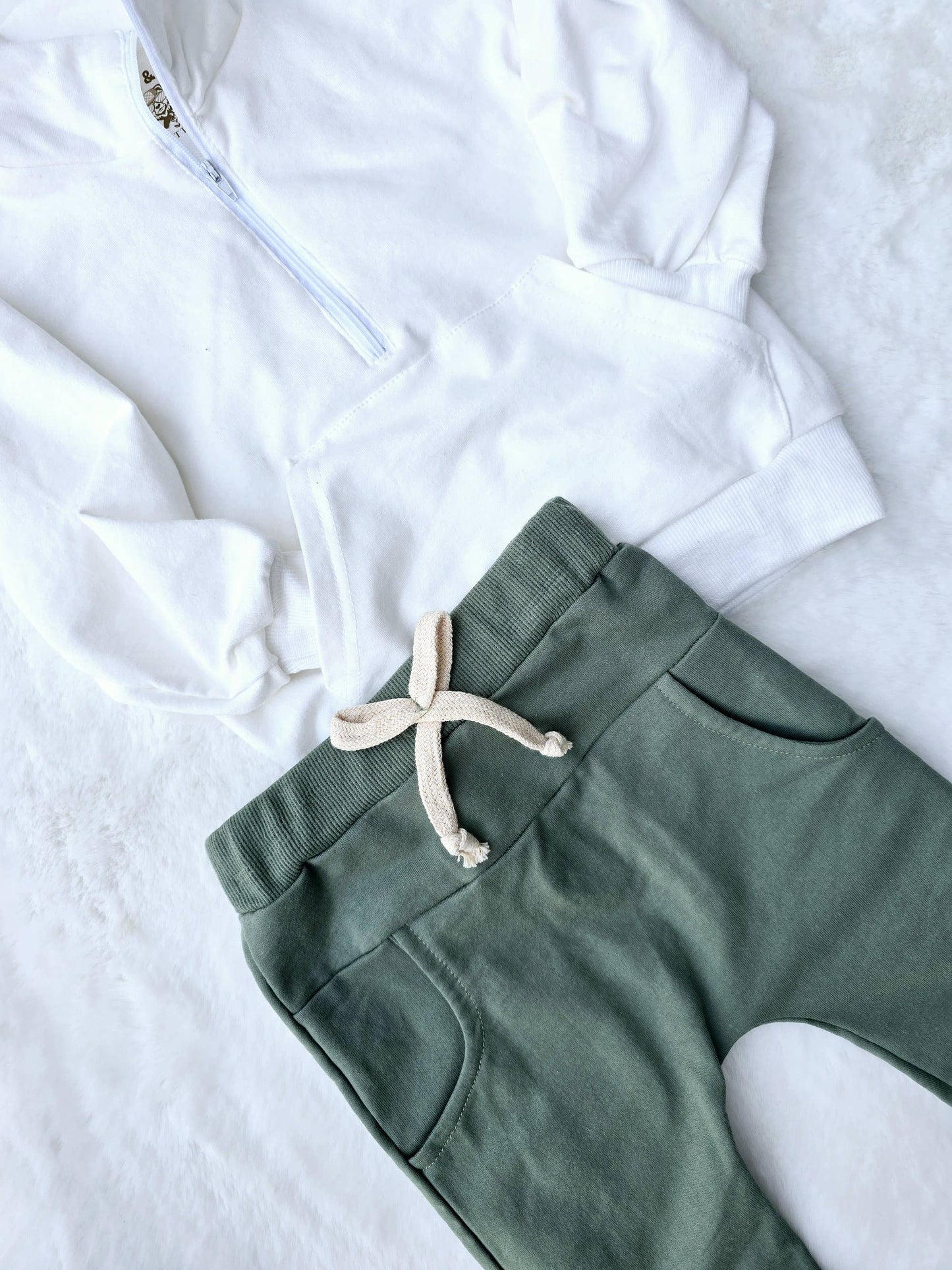 Boys 2 PC Set - 1/2 Zip White Sweatshirt + Green Pants