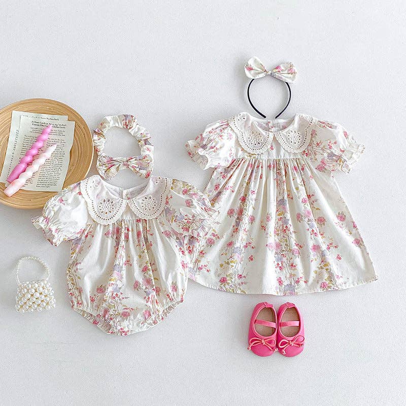Sweet Floral Lace Baby Girls Romper and Short Sleeve Dress Match Headband
