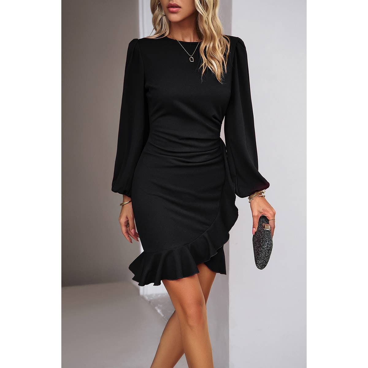 Solid Wrap Ruched Hem Ruffle Fit Puff Sleeve Dress