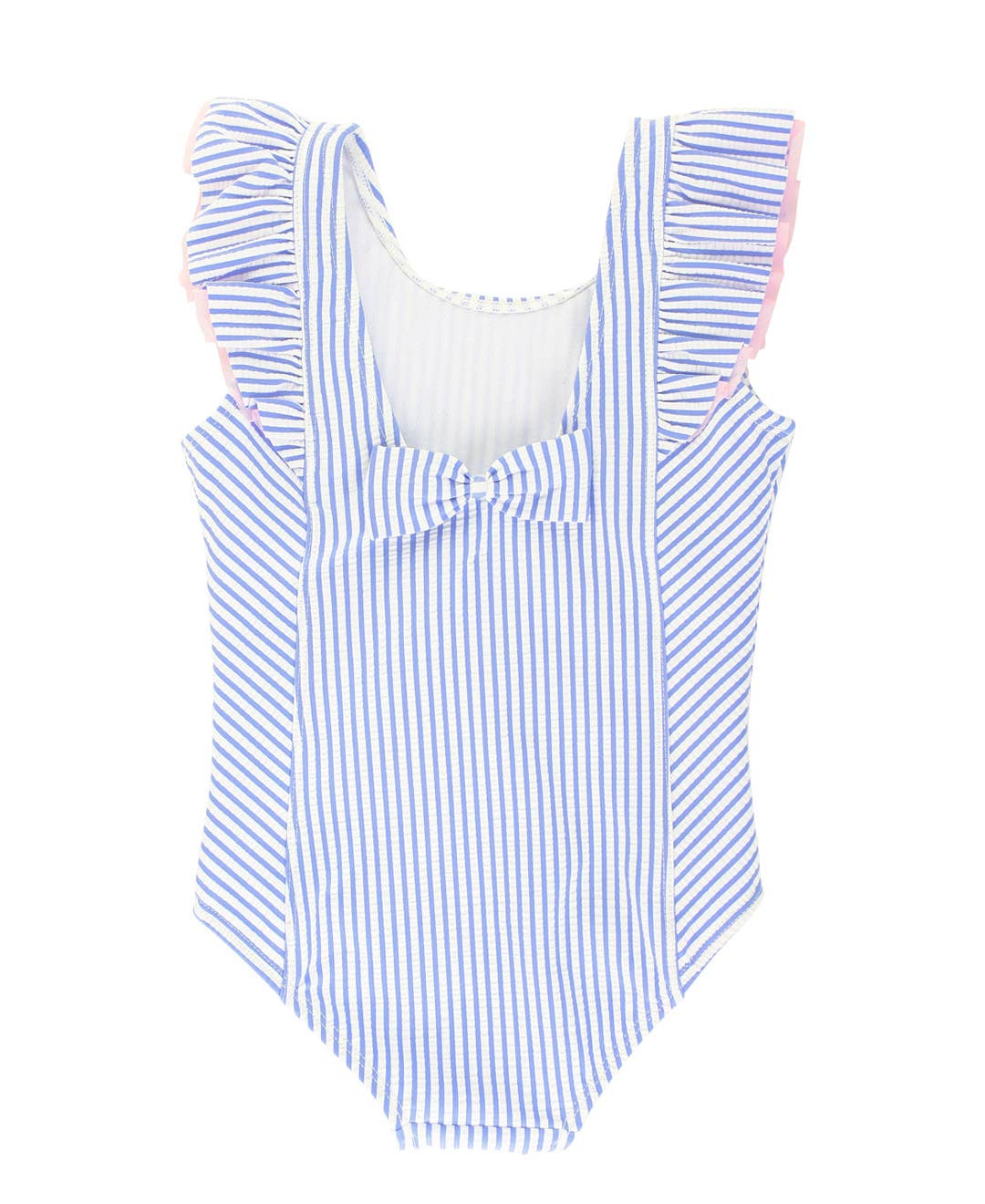 Girls Periwinkle Blue Seersucker Waterfall One Piece Swimsuit