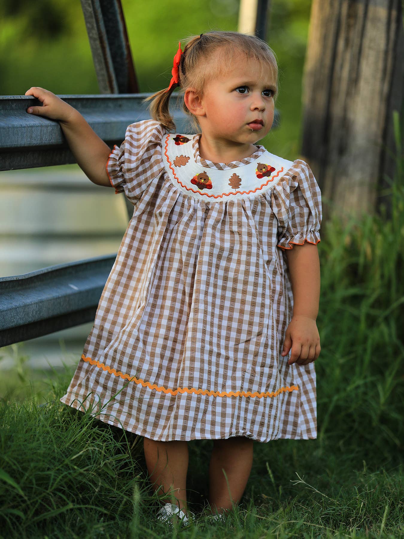 Girls Thanksgiving Smocking Embroidered Brown Plaid Dress