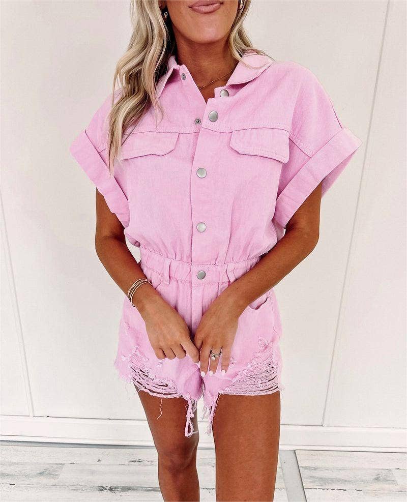 Solid color denim romper jumpsuit