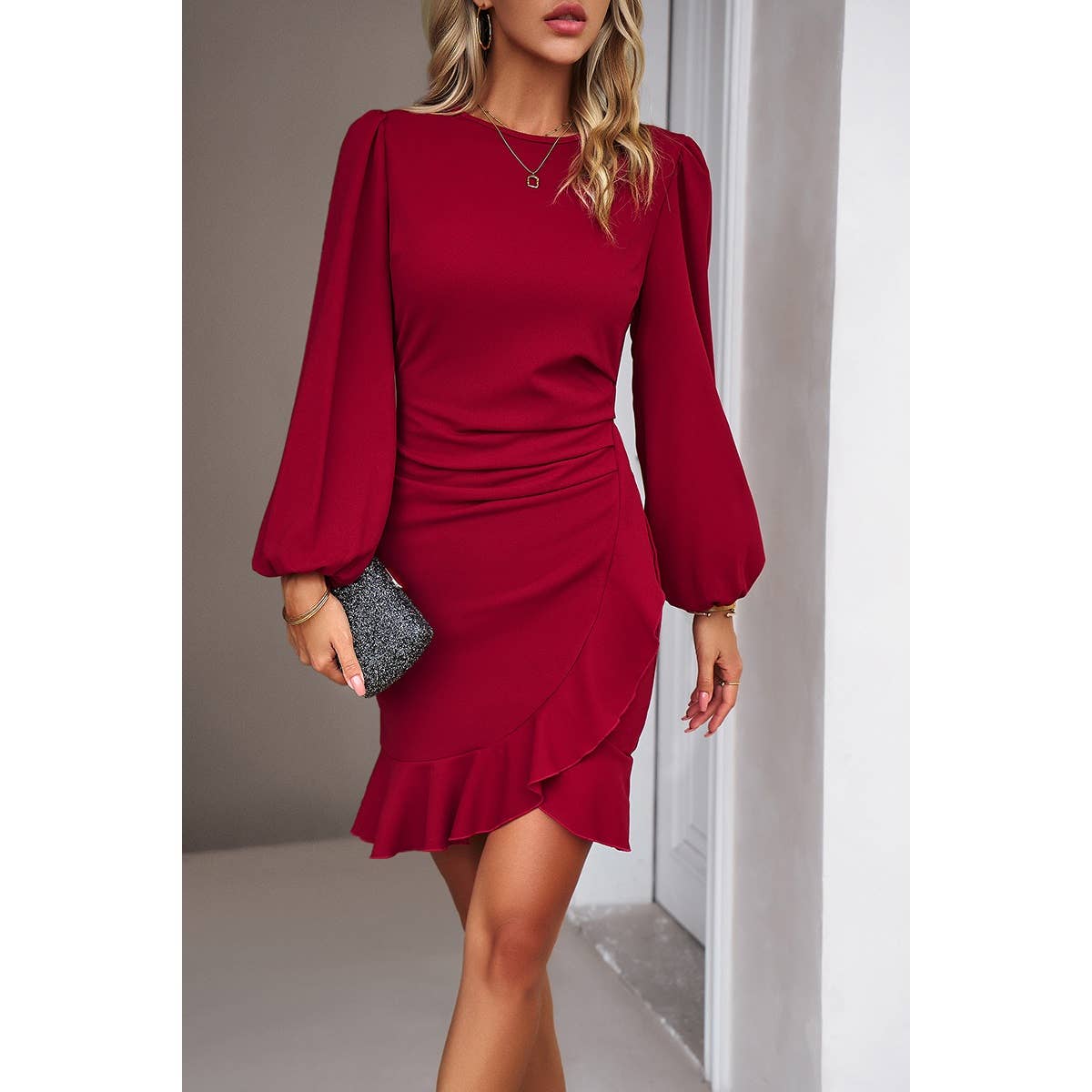 Solid Wrap Ruched Hem Ruffle Fit Puff Sleeve Dress