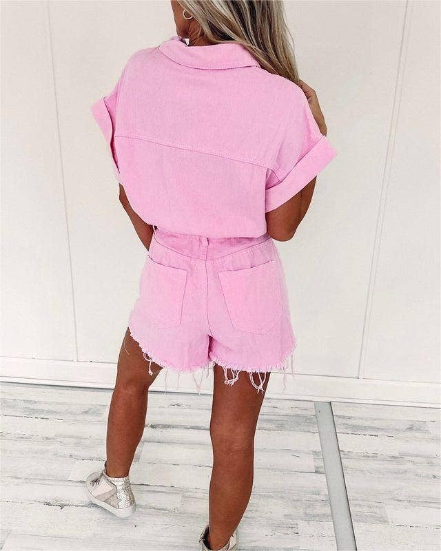 Solid color denim romper jumpsuit