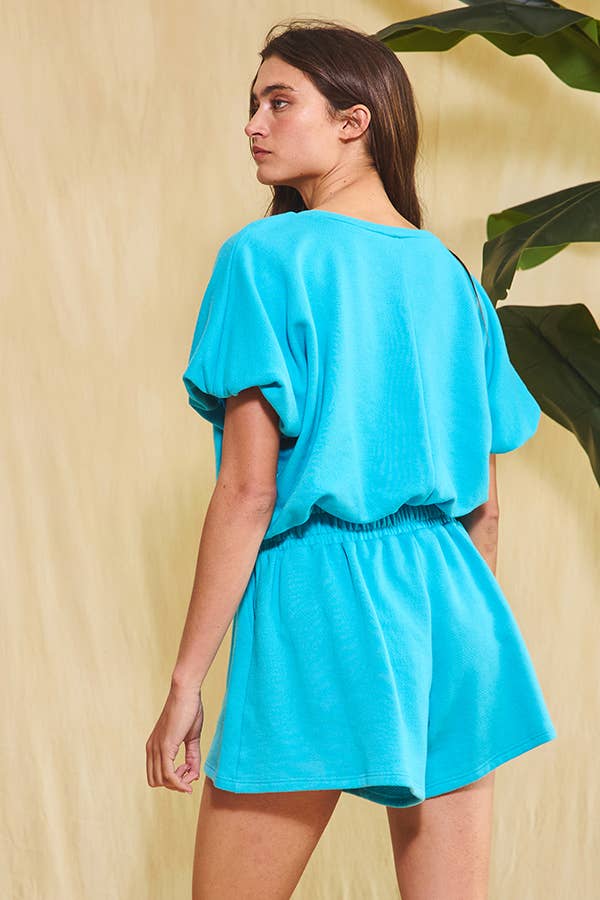 T2304 Bubble Hem & Sleeve Terry Crop Top and Shorts