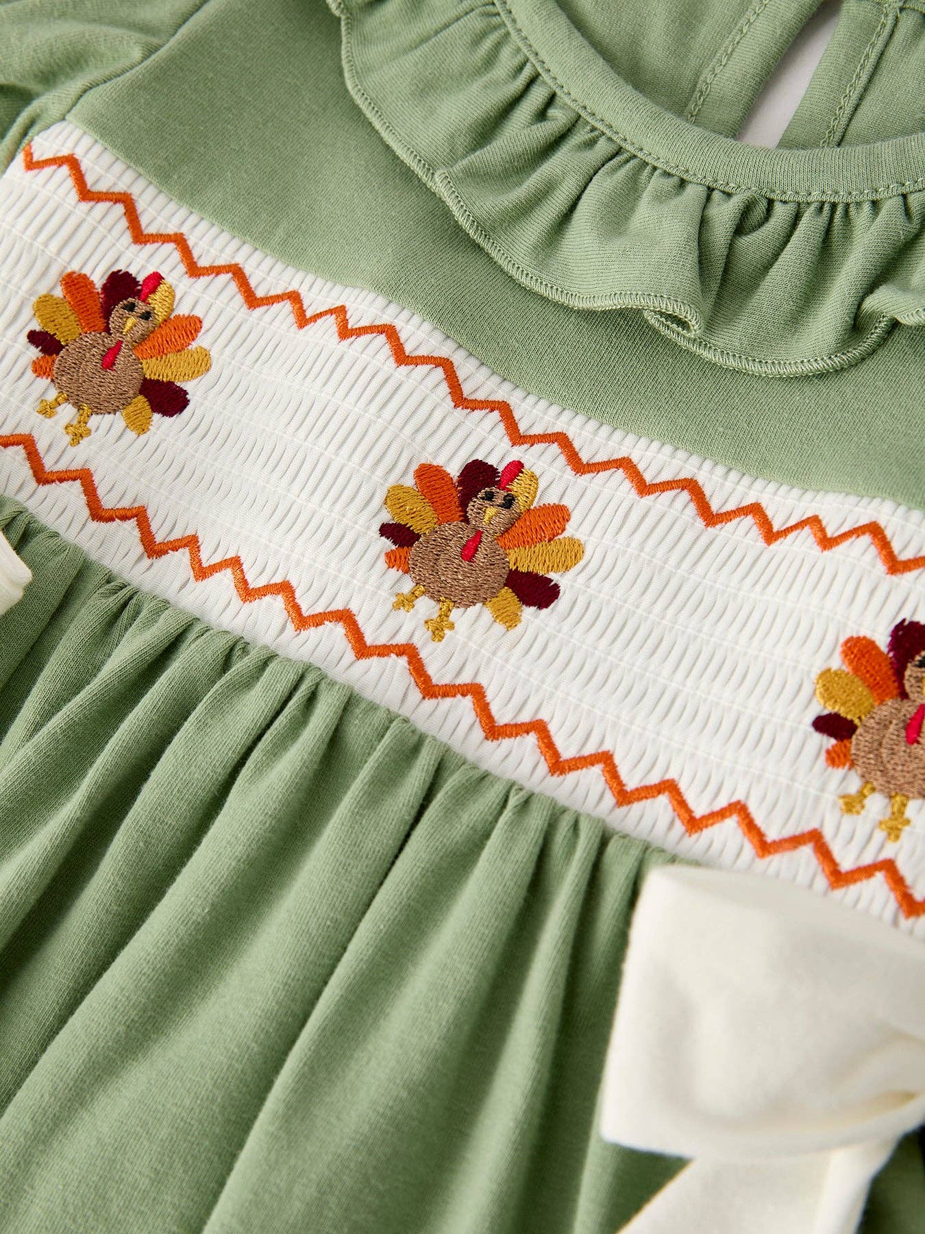 Fall Thanksgiving Chicken Smock Embroidered Green Baby Girl Dress