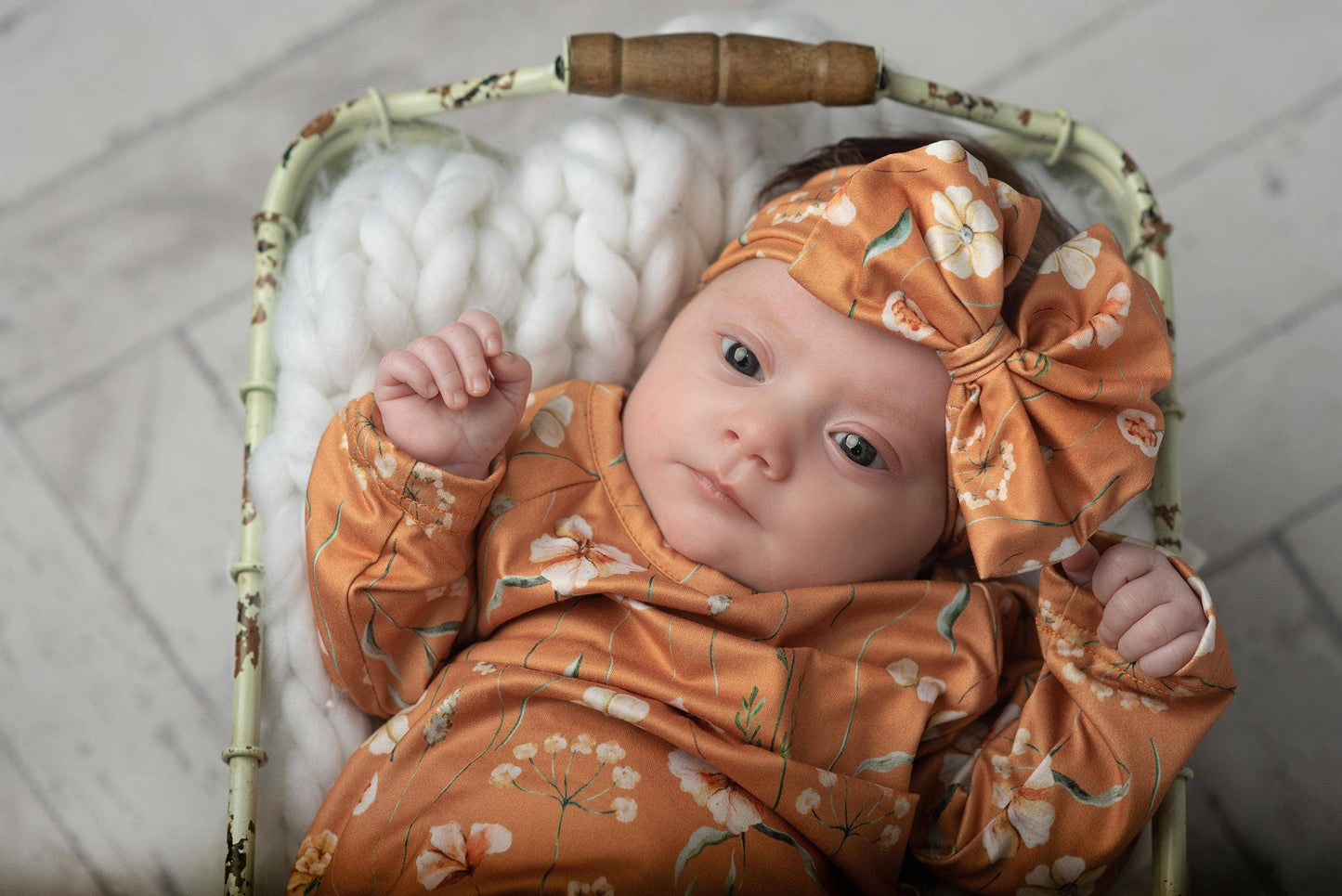 Infant Girls Rust Botanical Baby Gown and Bow Headband