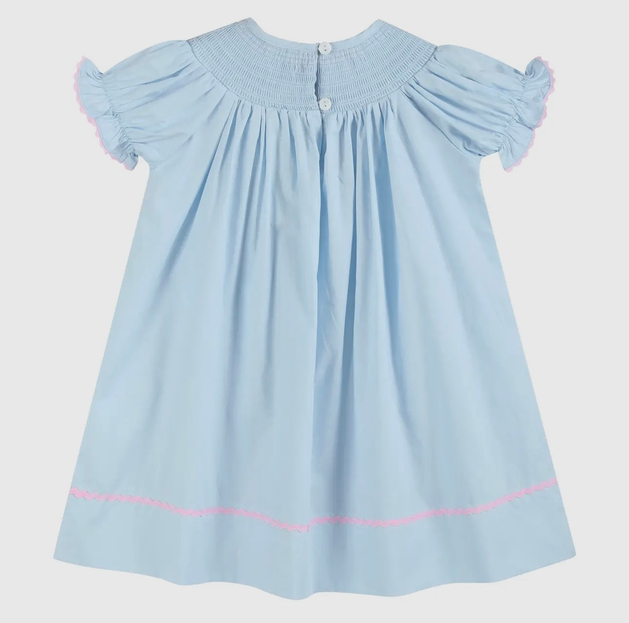 Blue and pink bow smocked bishop dress