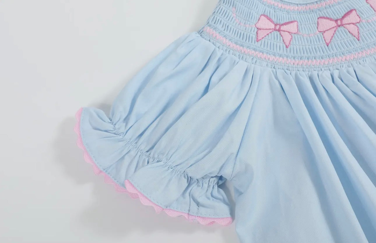 Blue and pink bow smocked bishop dress