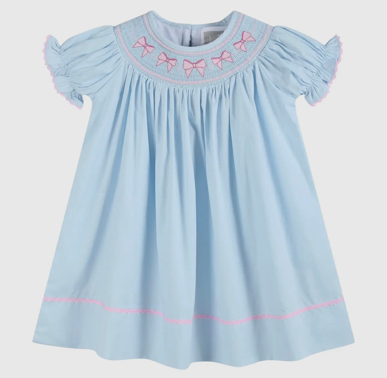 Blue and pink bow smocked bishop dress