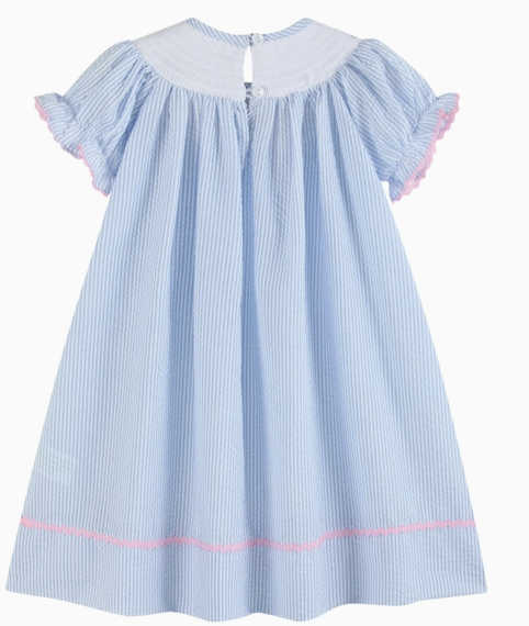 Blue Seersucker Bow Smocked Bishop Dress