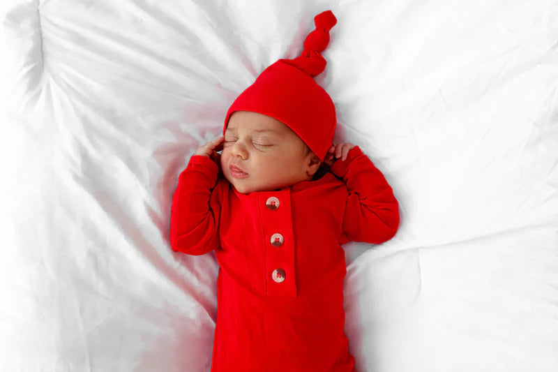 Knotted Baby Gown Hat Set- Red
