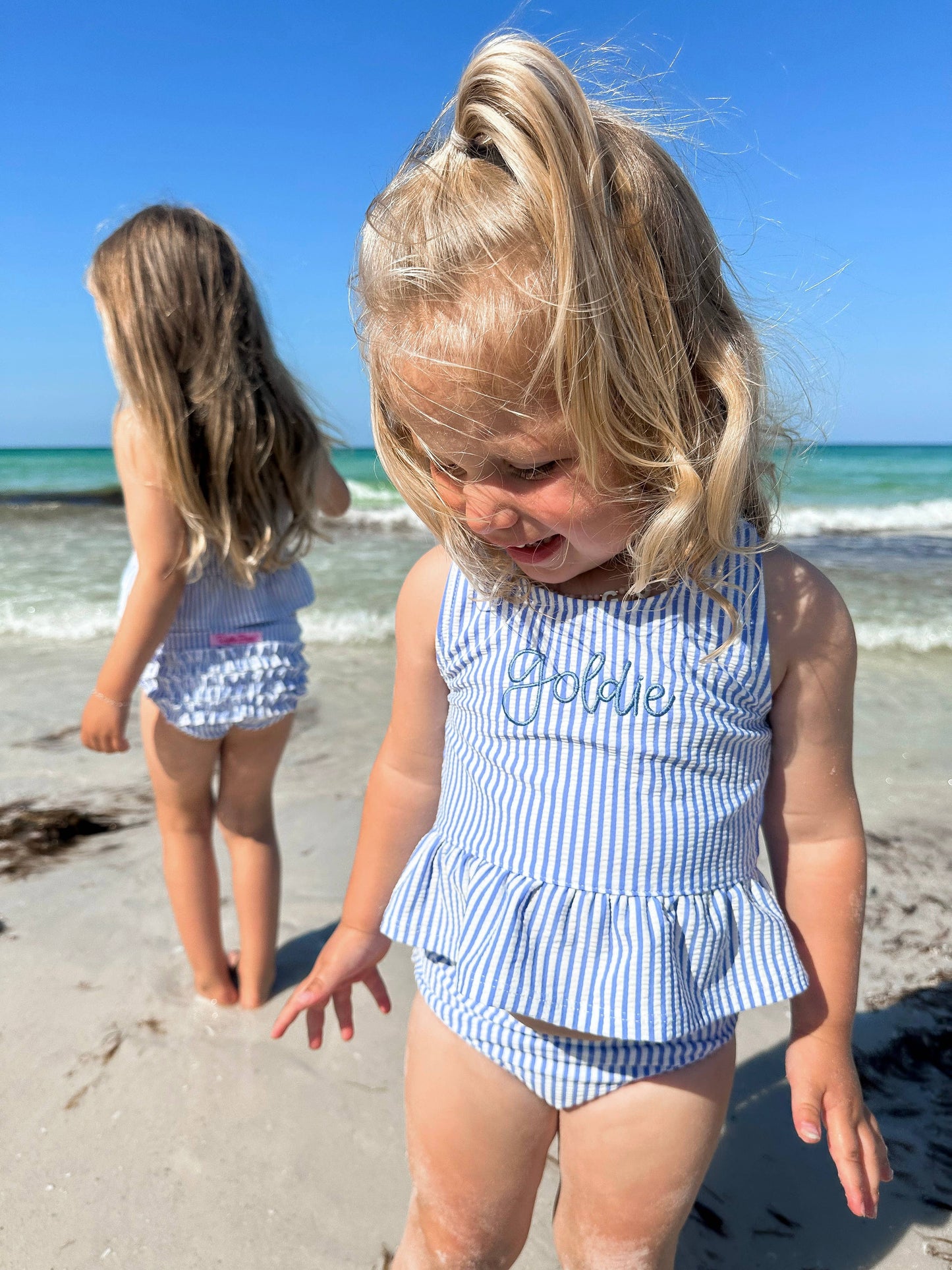 Girls Periwinkle Blue Seersucker Peplum Tankini