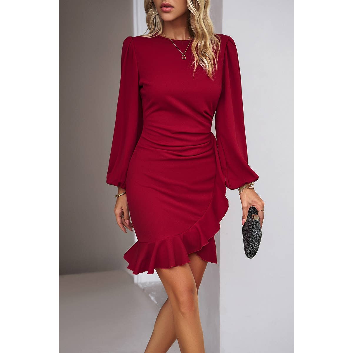Solid Wrap Ruched Hem Ruffle Fit Puff Sleeve Dress
