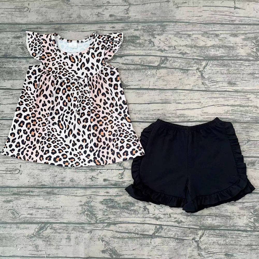Girls Leopard Tunic Top Black Shorts Sets