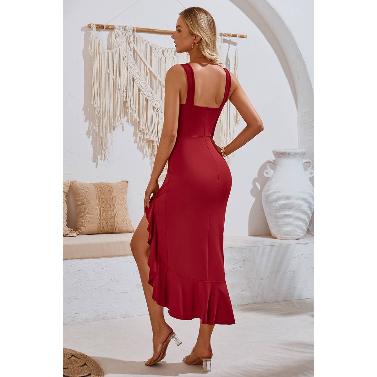 V Neck Sleeveless Asymmetric Ruffle Hem Dress