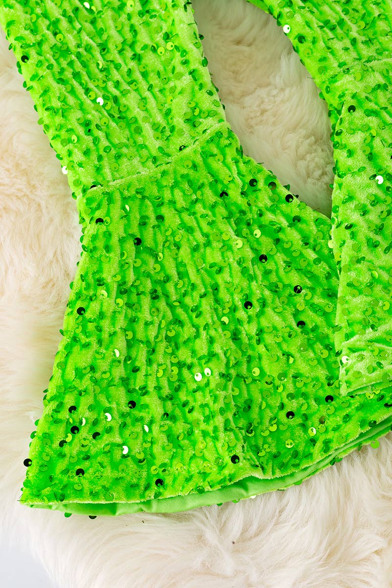 NEON GREEN SEQUINS BELL BOTTOMS.
