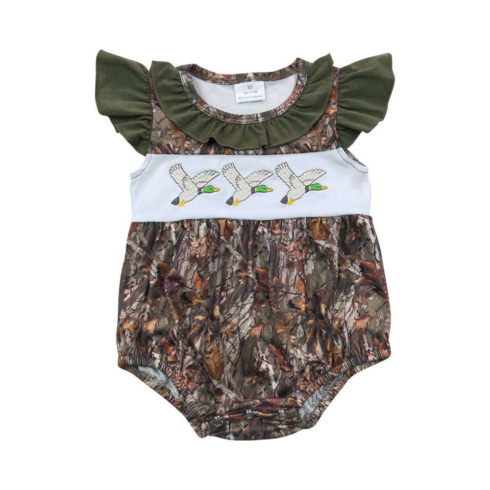 Baby Girls Camo Mallard Duck Embroidery Rompers
