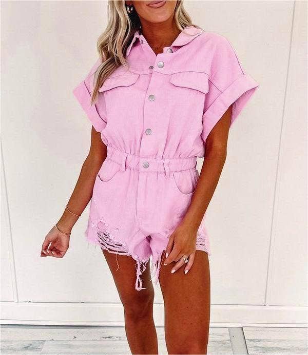 Solid color denim romper jumpsuit
