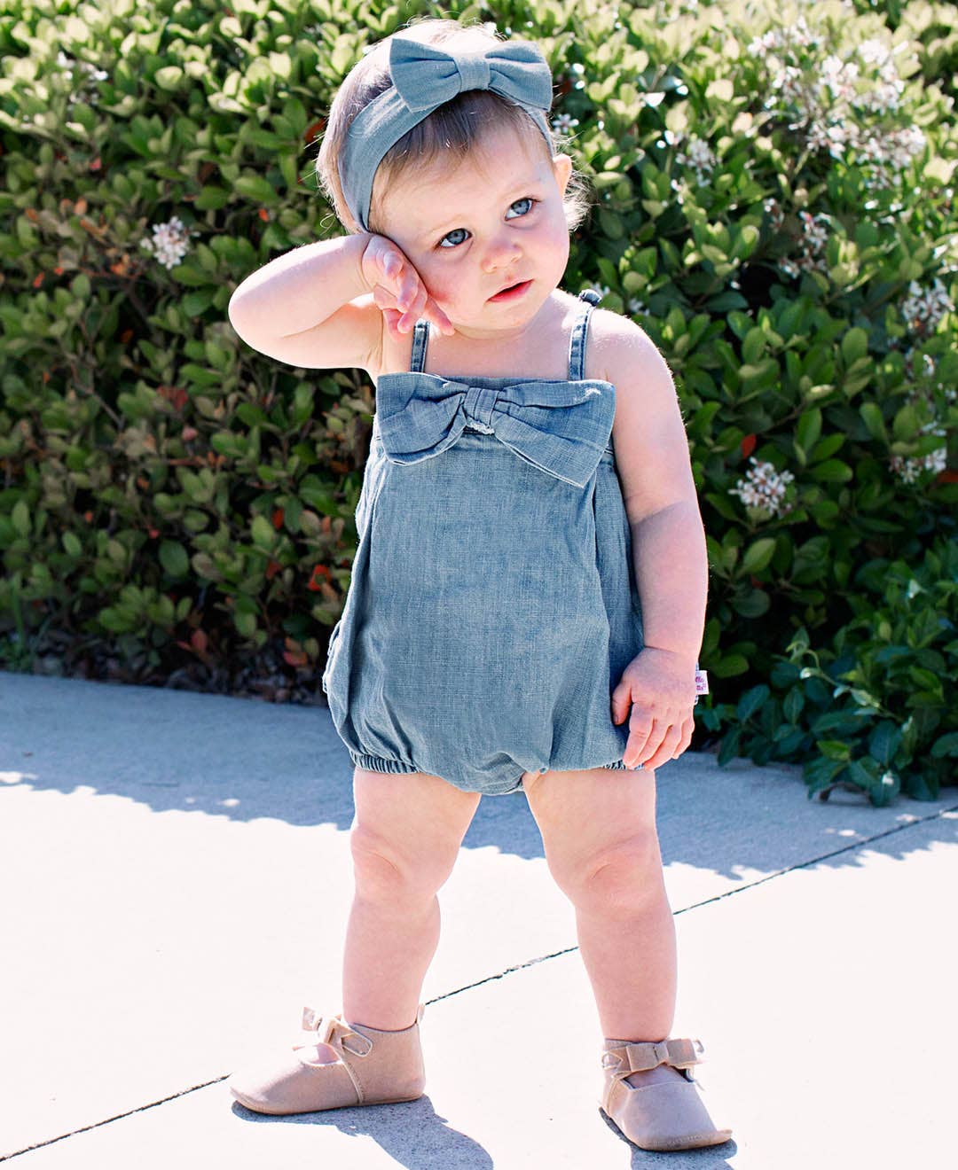 Baby Girls Light Wash Denim Bow Front Bubble Woven Romper