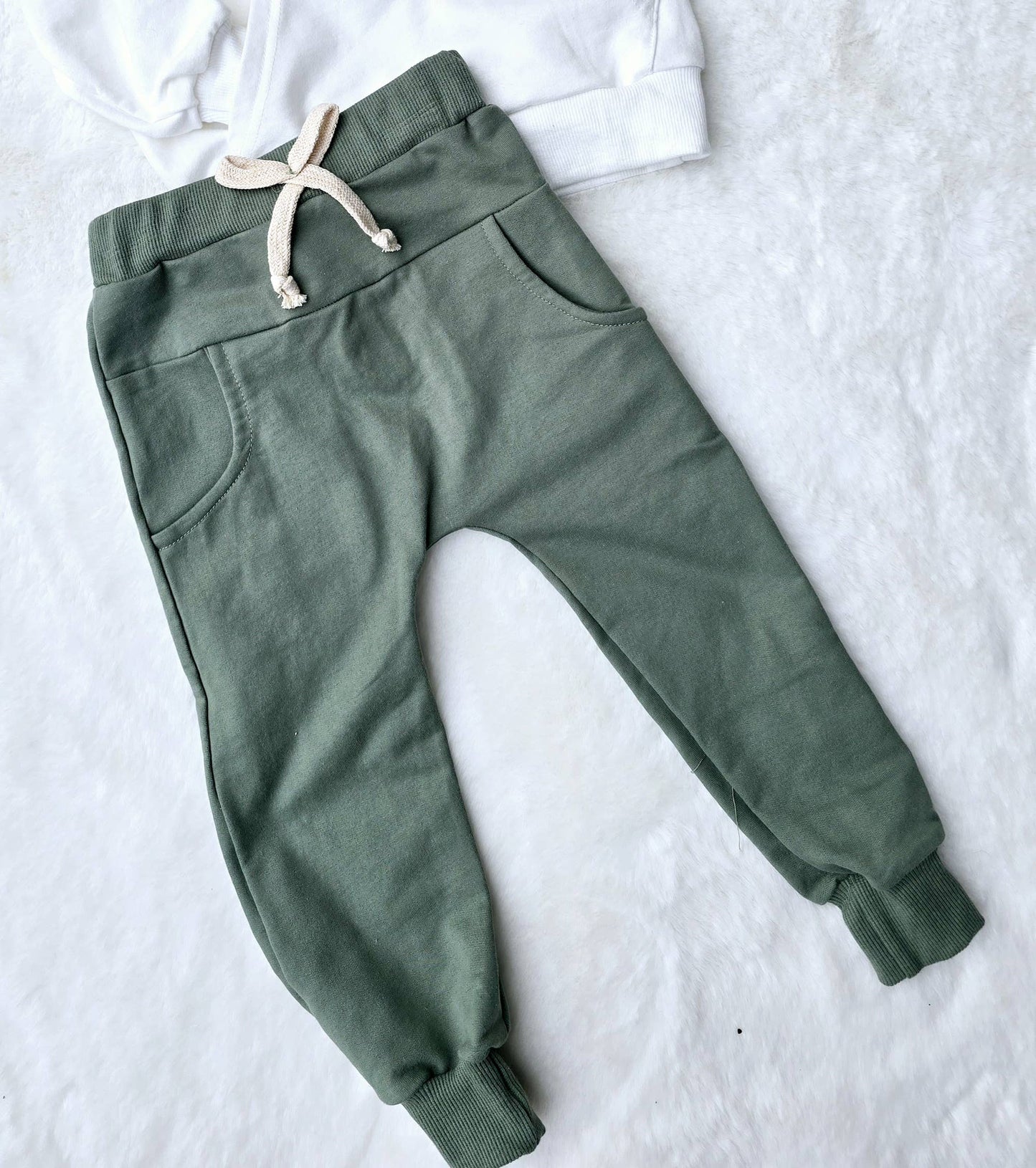 Boys 2 PC Set - 1/2 Zip White Sweatshirt + Green Pants