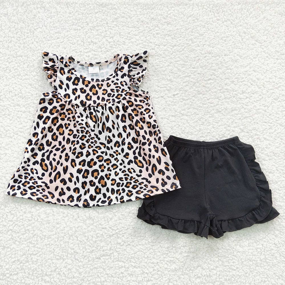Girls Leopard Tunic Top Black Shorts Sets