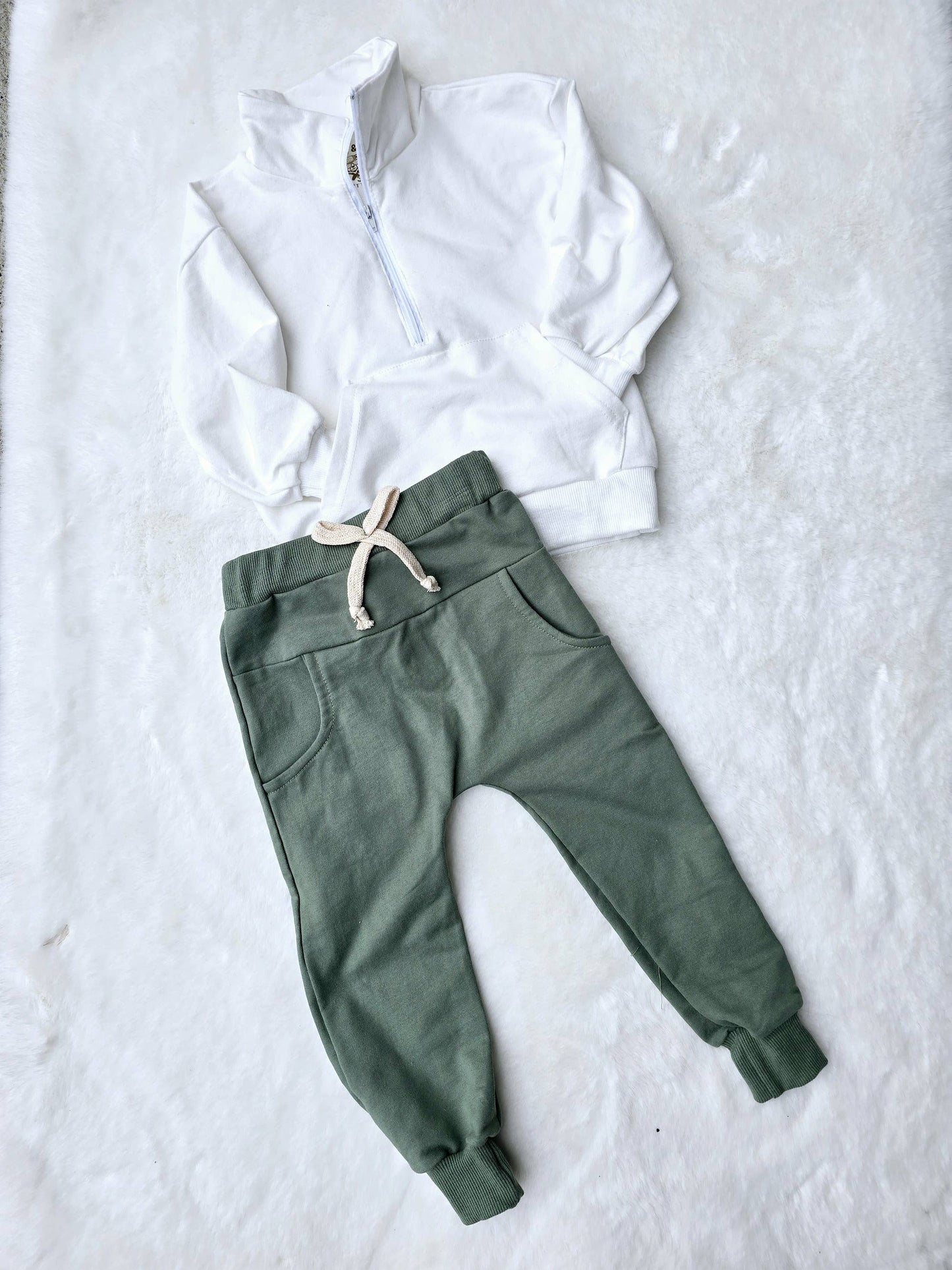 Boys 2 PC Set - 1/2 Zip White Sweatshirt + Green Pants