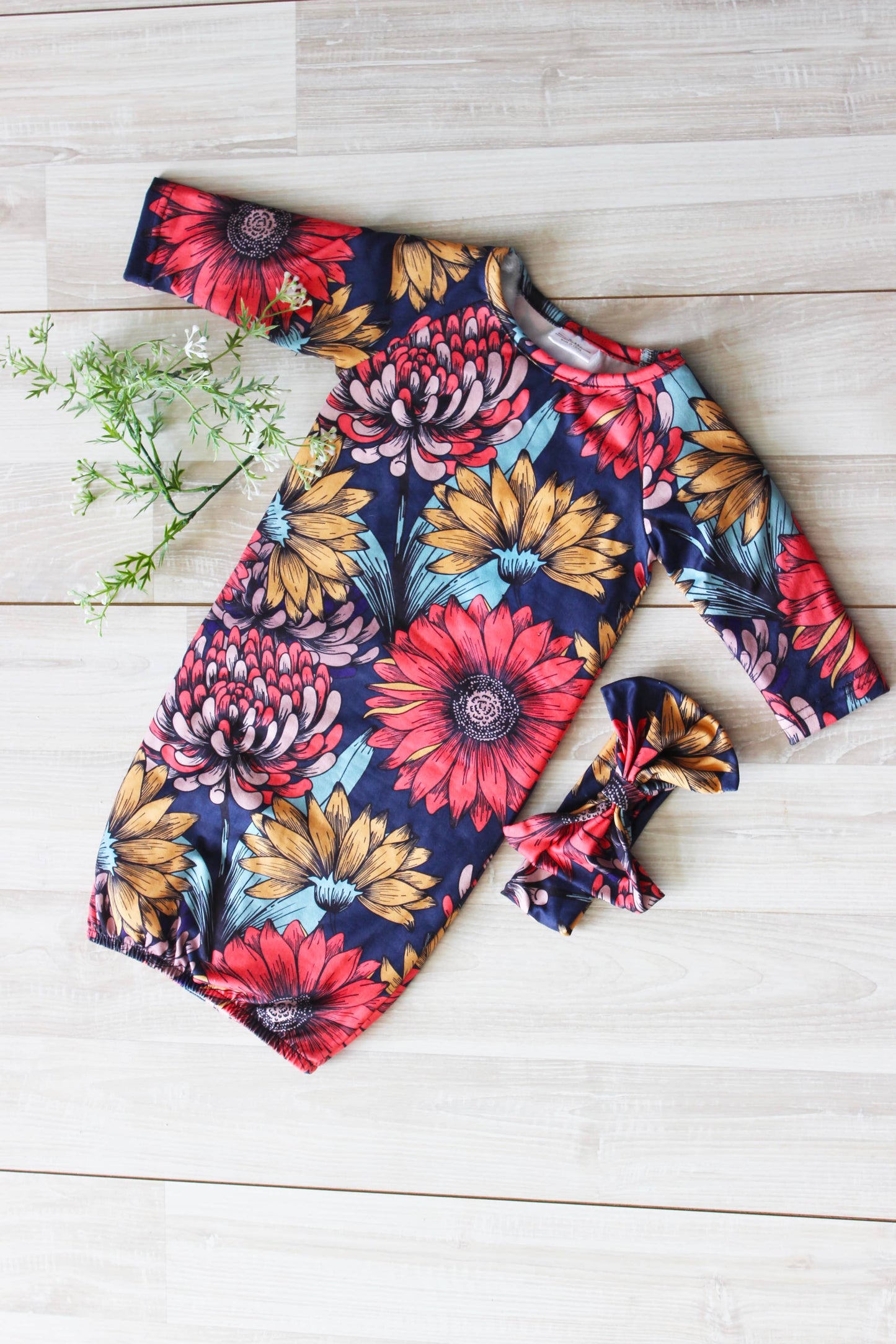 Infant Girls Sunflower Baby Gown and Bow Headband