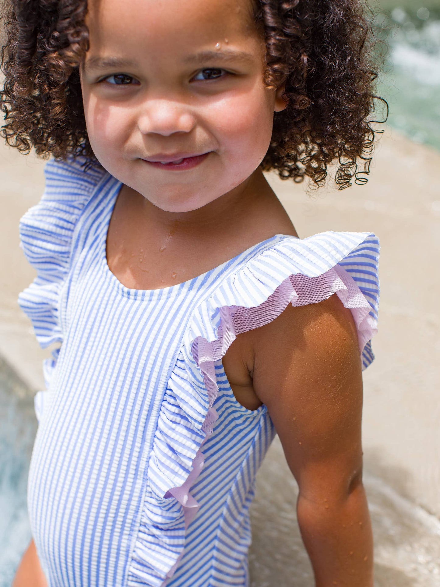 Girls Periwinkle Blue Seersucker Waterfall One Piece Swimsuit