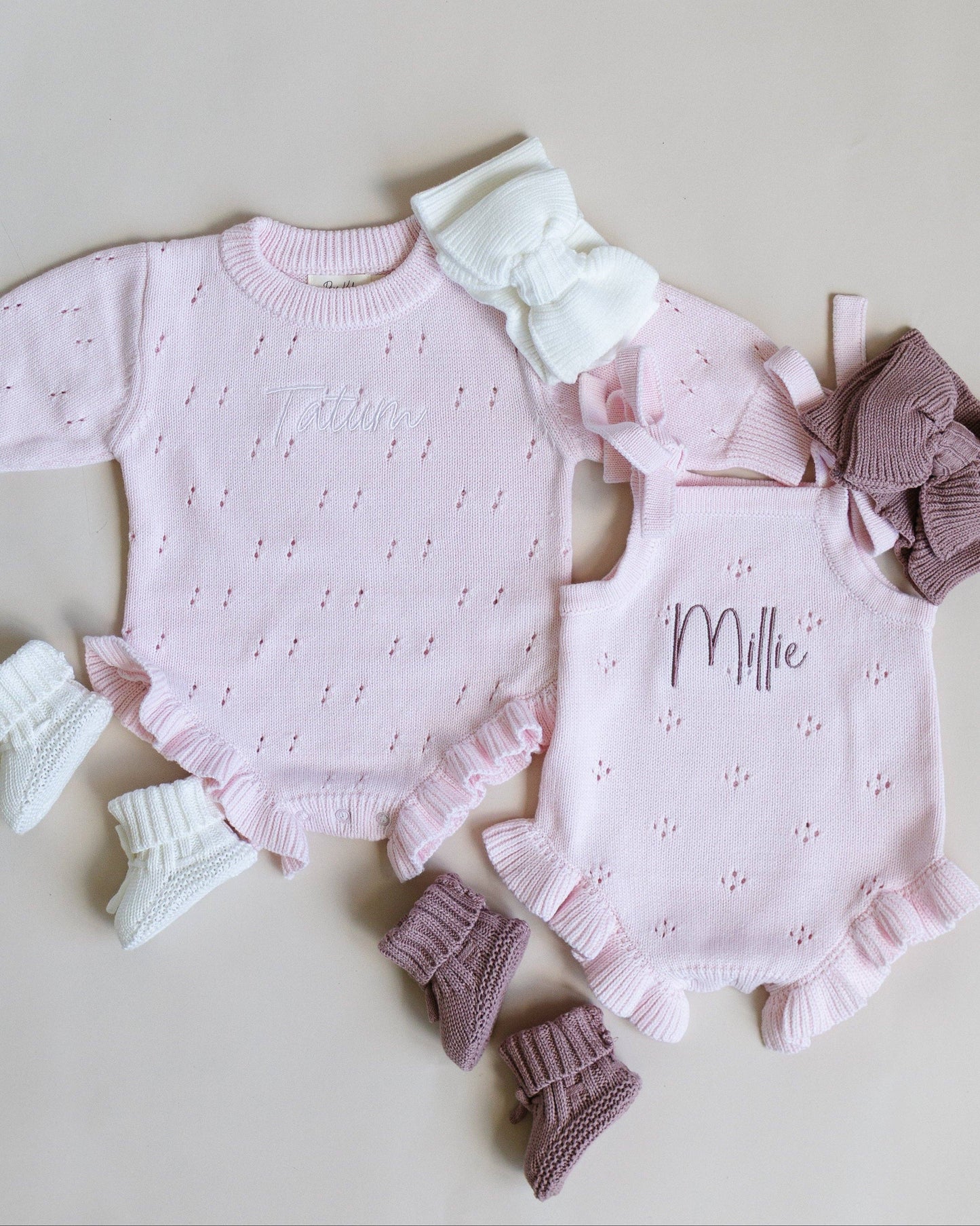 Pointelle Frill Knit Romper - Blush