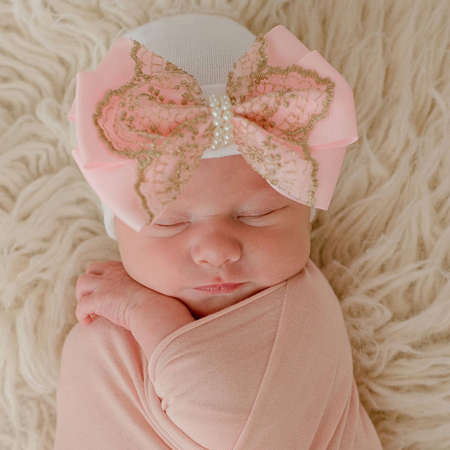 Iybean Gold Lace with Pearl Strand Newborn Girl Hospital Hat