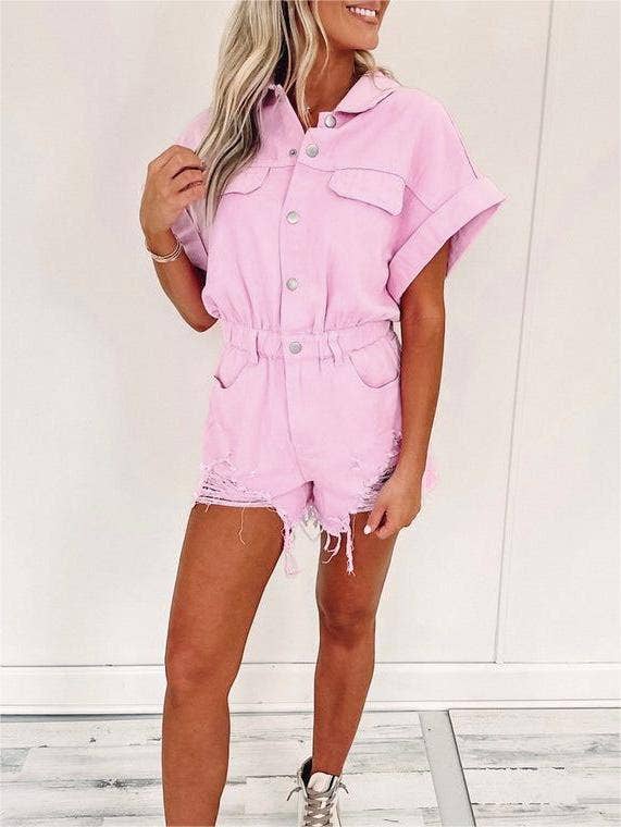 Solid color denim romper jumpsuit