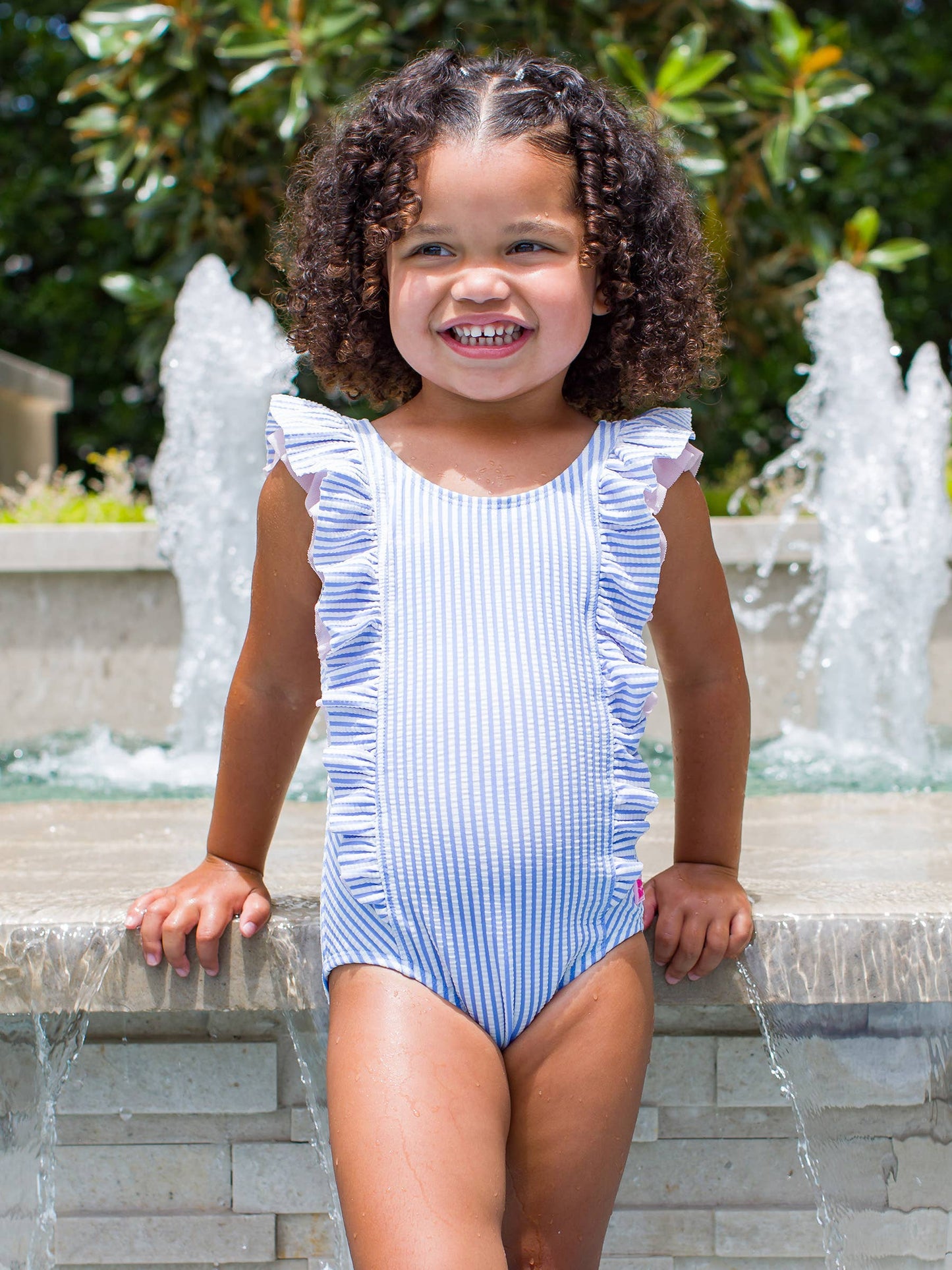 Girls Periwinkle Blue Seersucker Waterfall One Piece Swimsuit