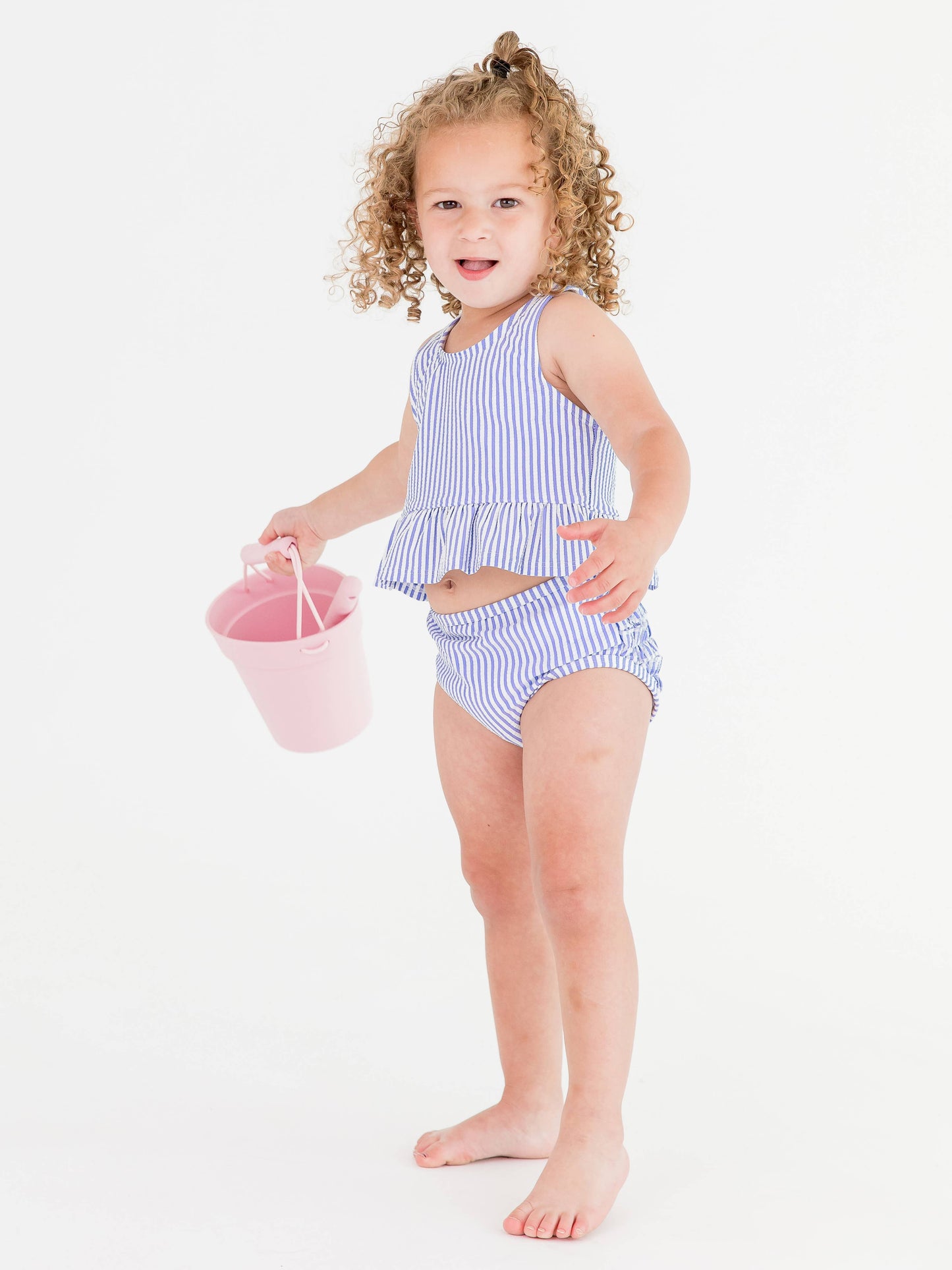 Girls Periwinkle Blue Seersucker Peplum Tankini