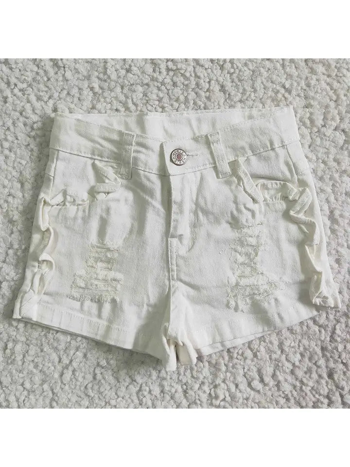 Girls White Ruffle Denim Shorts