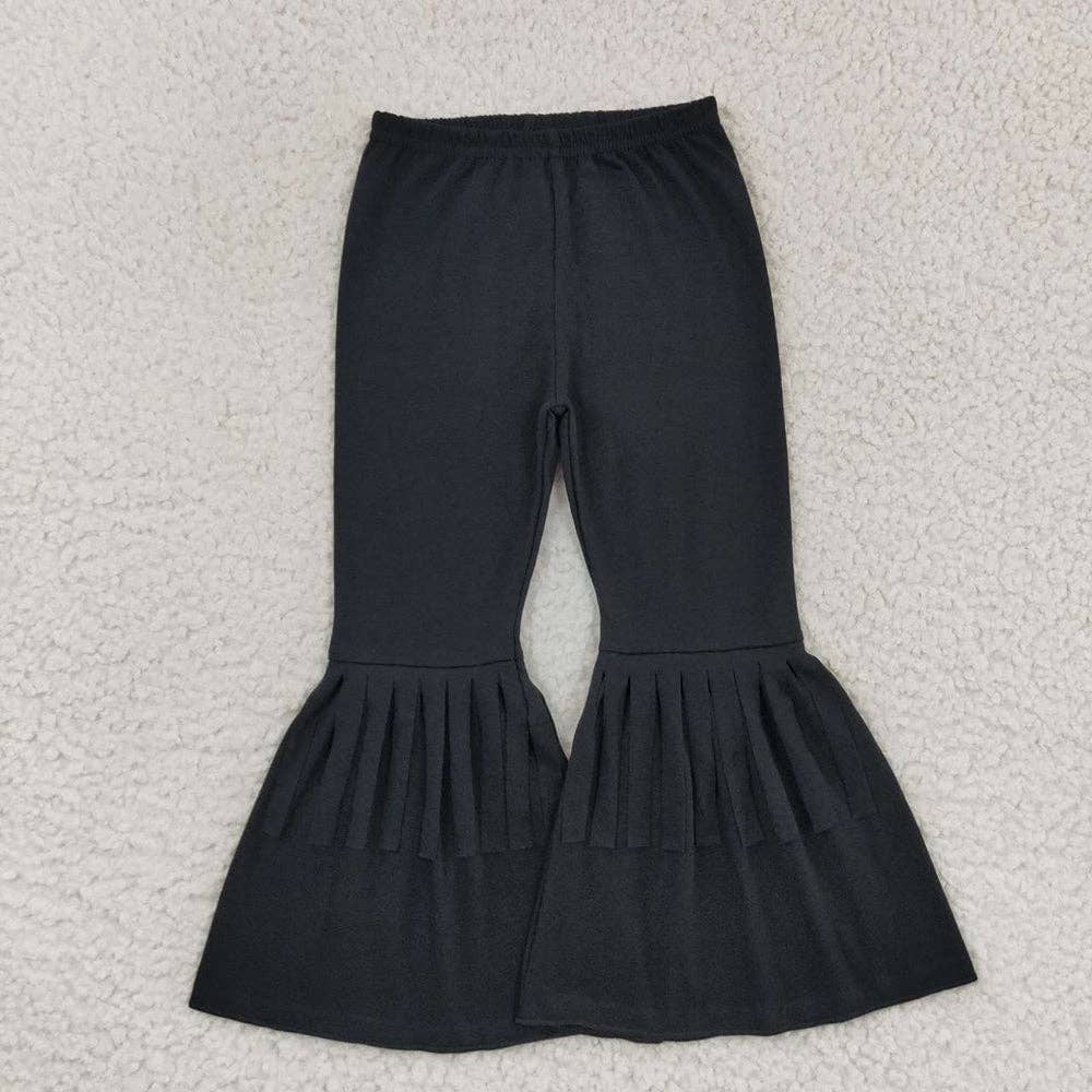 Girls Black Cotton Fringe Ruffle Bell Pants