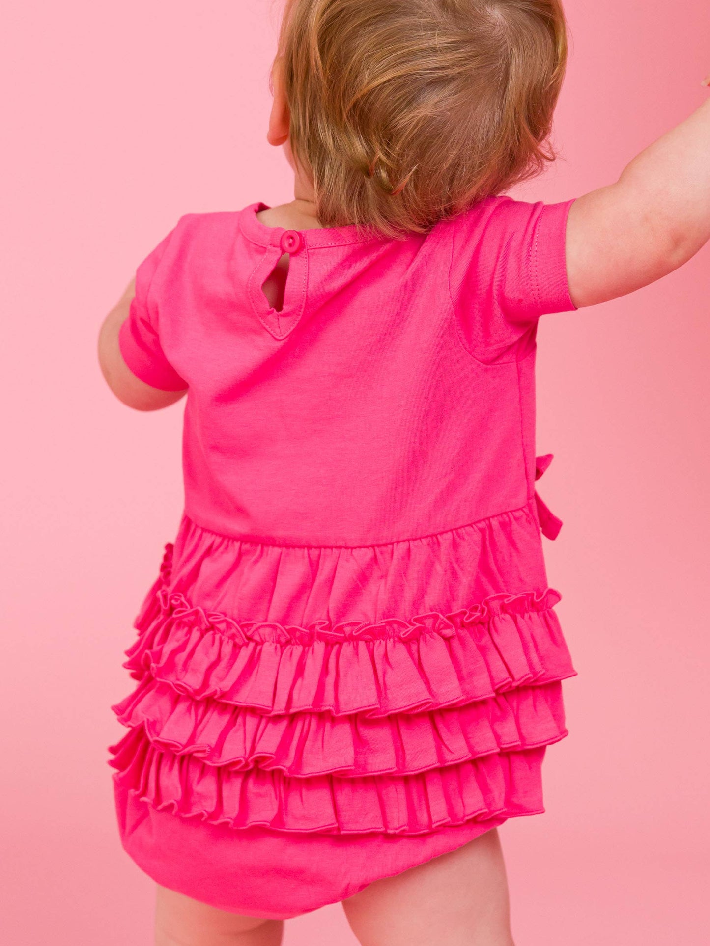 Baby Girls Hot Pink Knit Short Sleeve Bow Bubble Romper