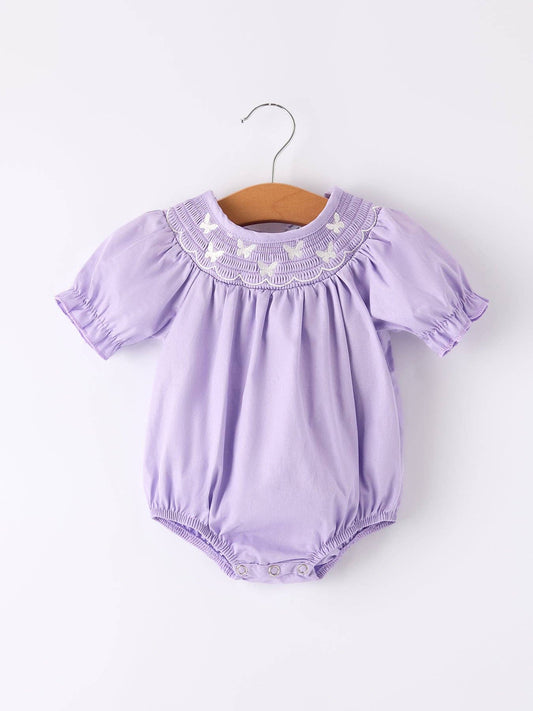 Girls Butterfly Smocking Embroidered Purple Romper
