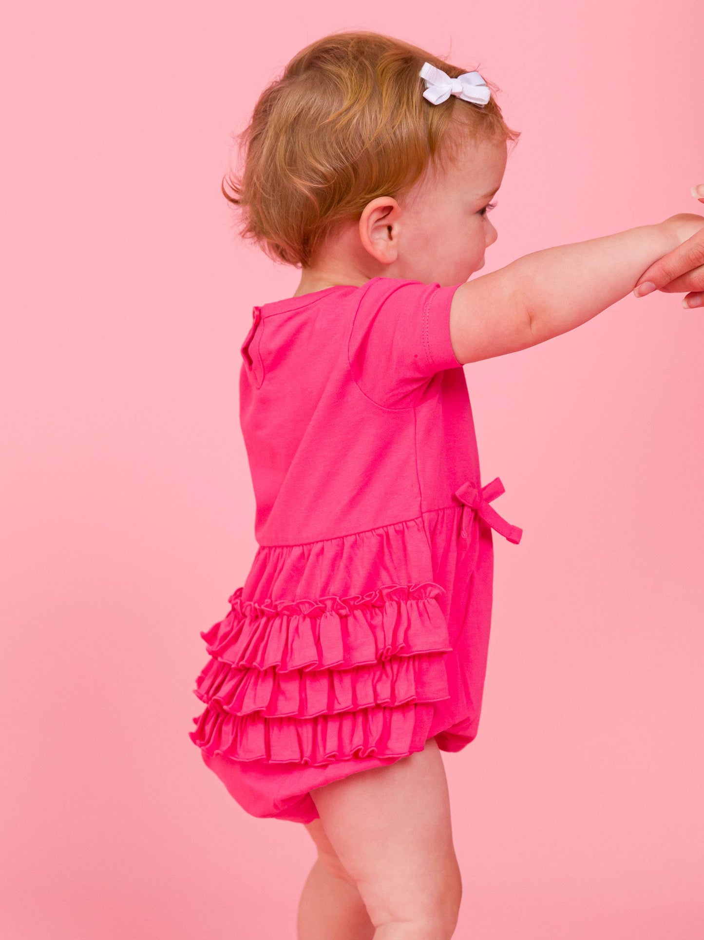 Baby Girls Hot Pink Knit Short Sleeve Bow Bubble Romper