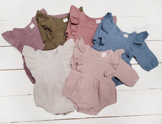 Baby Girl Linen Romper Ruffled Sleeve Dressy Gabriella style