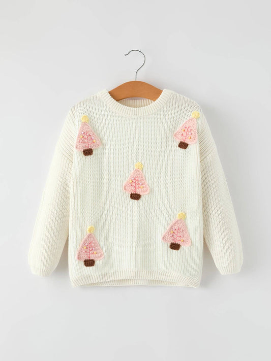 Winter Cute Christmas Tree Sweater: Pink Christmas Tree Embroidery